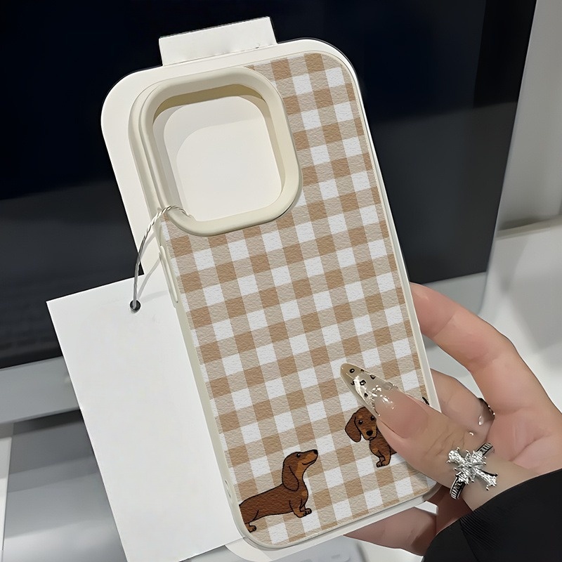 Phone Cases You Can Design - A Plaid Dachshund Print Lychee-Textured Phone