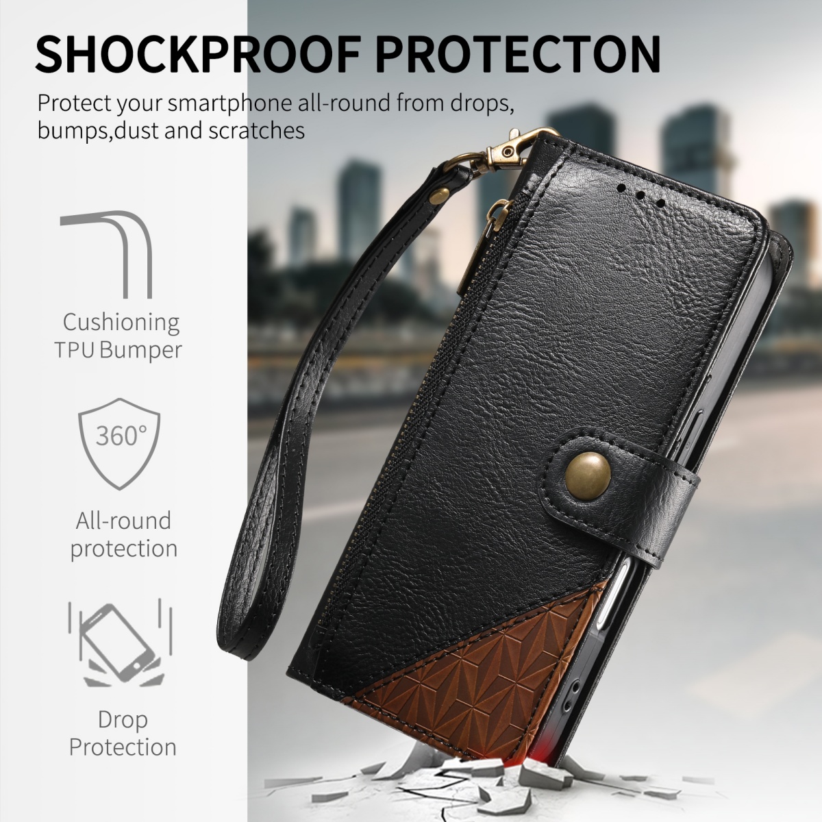 PU Leather Zipper Wrist Strap  - đánh giá và giá Flip Leather Case