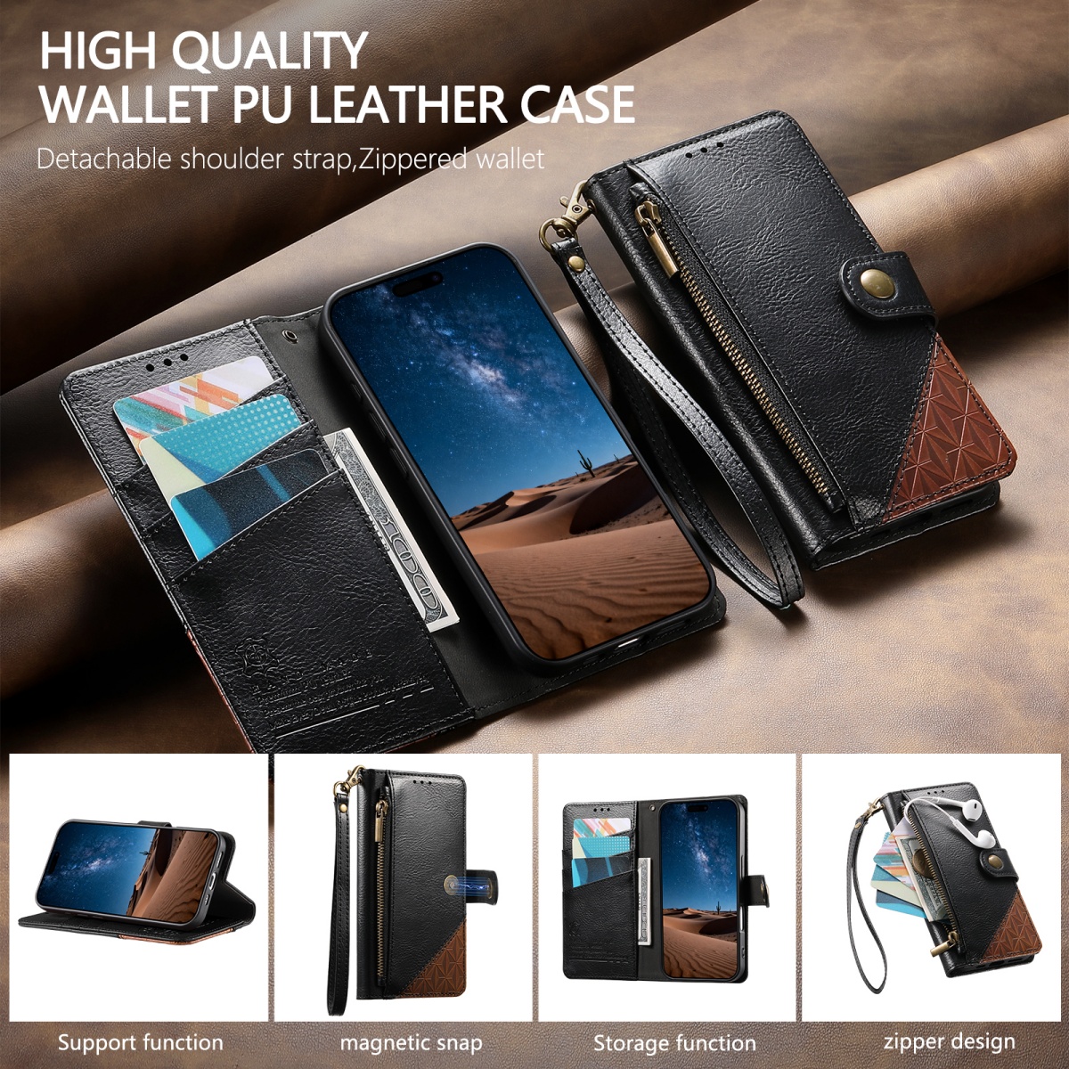 PU Leather Zipper Wrist Strap  - đánh giá và giá Flip Leather Case